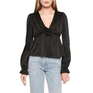 Wayf x Jourdan Sloane Candace Long Sleeve Chiffon Top Rosette Long Sleeve Black